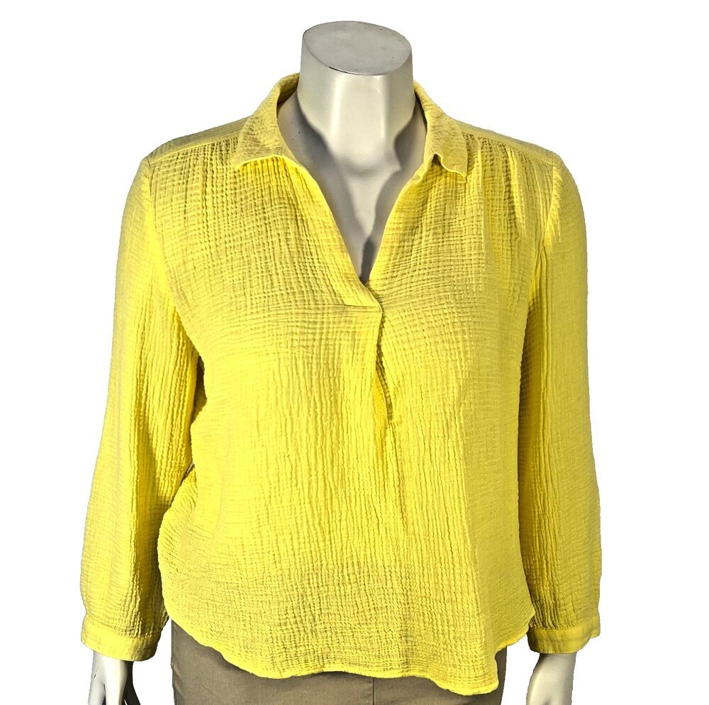 Chico's Blouse Womens L (2) Yellow Quilted V-Neck Long Sleeve Lightweight